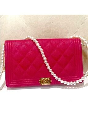 CHANEL Hot Pink Quilted Boy Flap with Pearl Chain and Gold Hardware